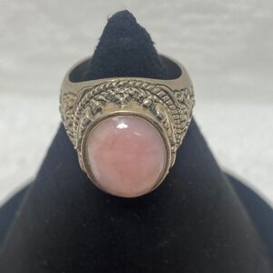 VTG Sterling Silver 925 Ornate Ring Oval Pink Stone Size‎ 10 Statement Signed